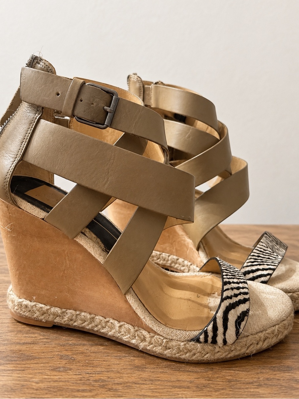 Dolce Vita Taupe Strappy Wedge Sandals with Zebra Toe